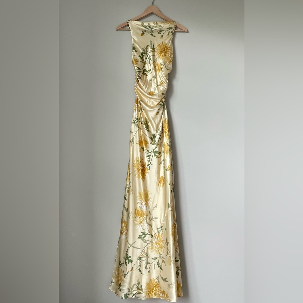 NEW Reformation Anaiis Long Backless Silk Dress Honeyglow Yellow Floral | US 0 - Picture 8 of 15